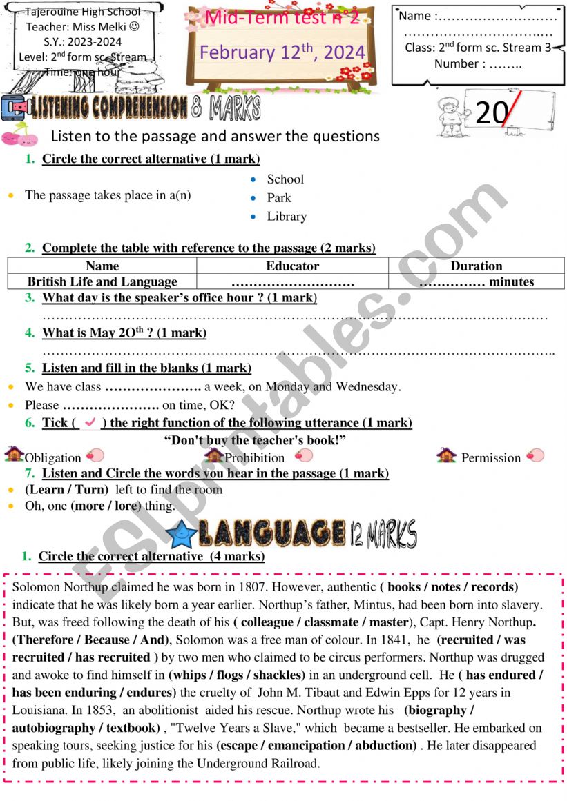 mid term test 2nd form worksheet