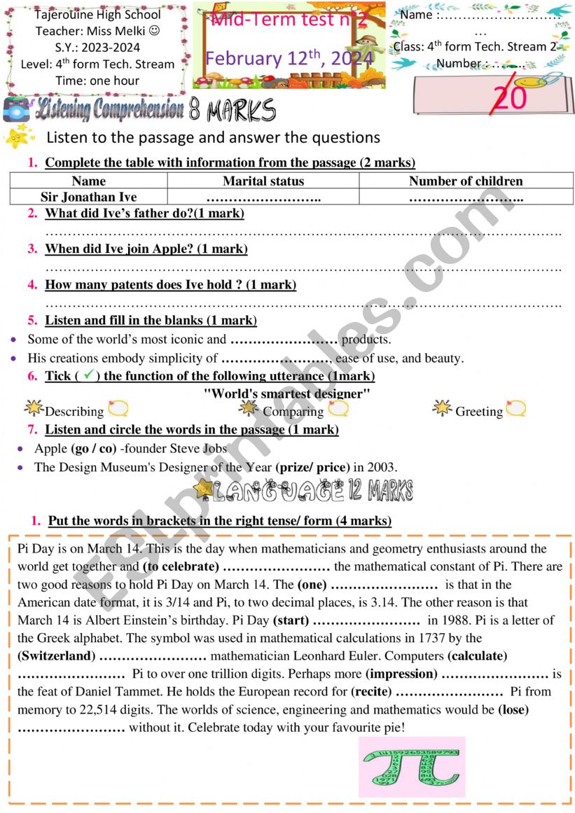 4th form Mid term test 2  worksheet