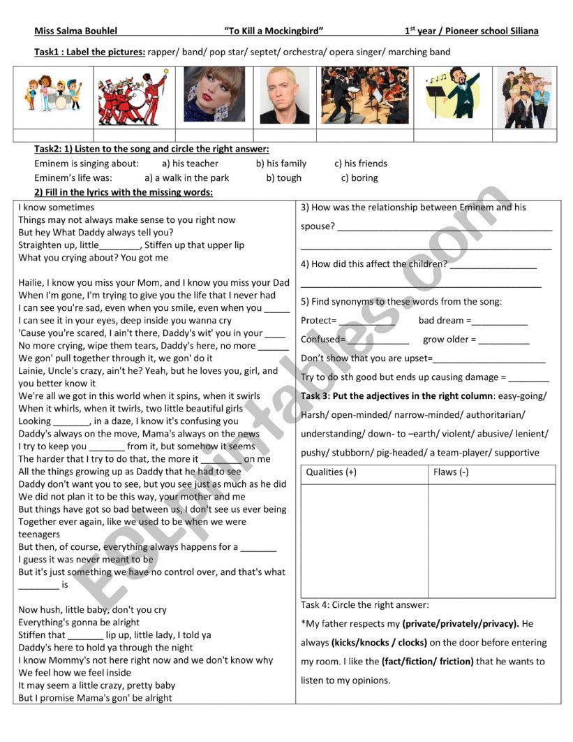 Eminem Mocking Bird worksheet