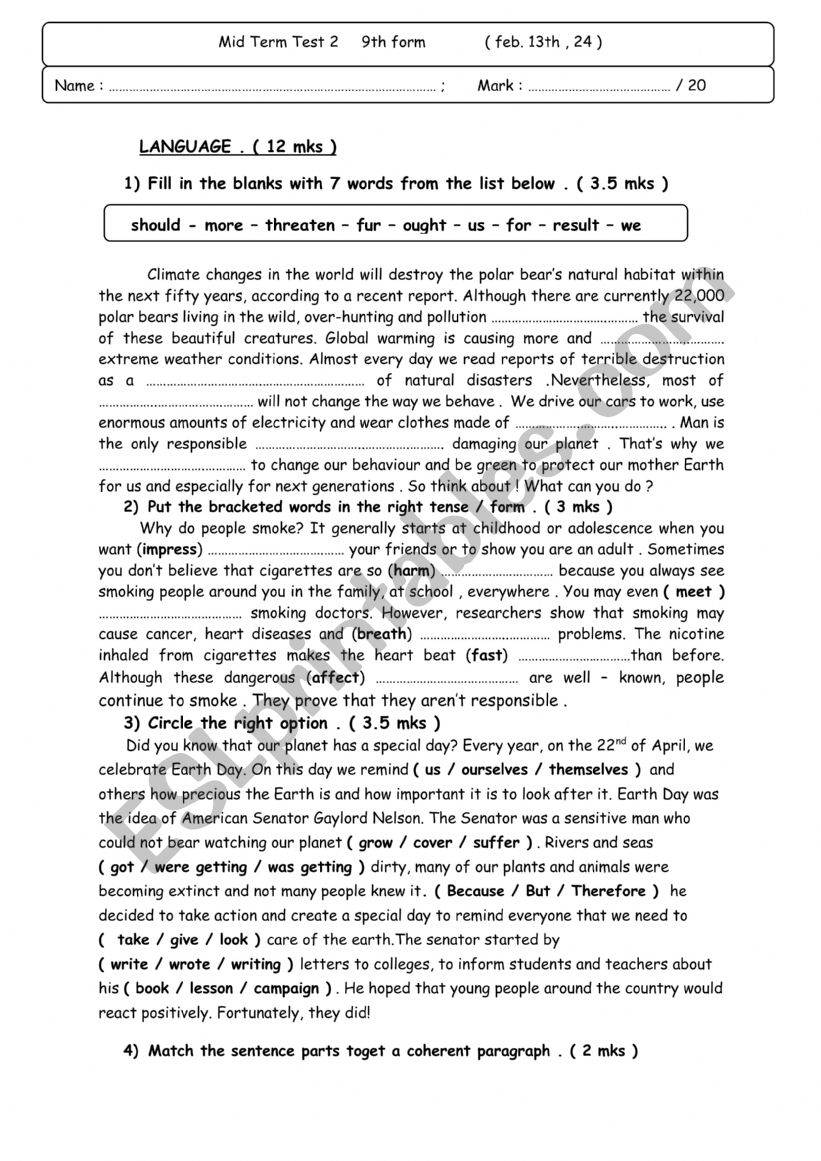 Mid term test 2 9th formers  worksheet