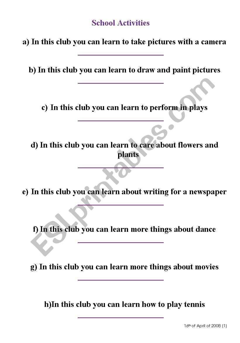 School activities worksheet