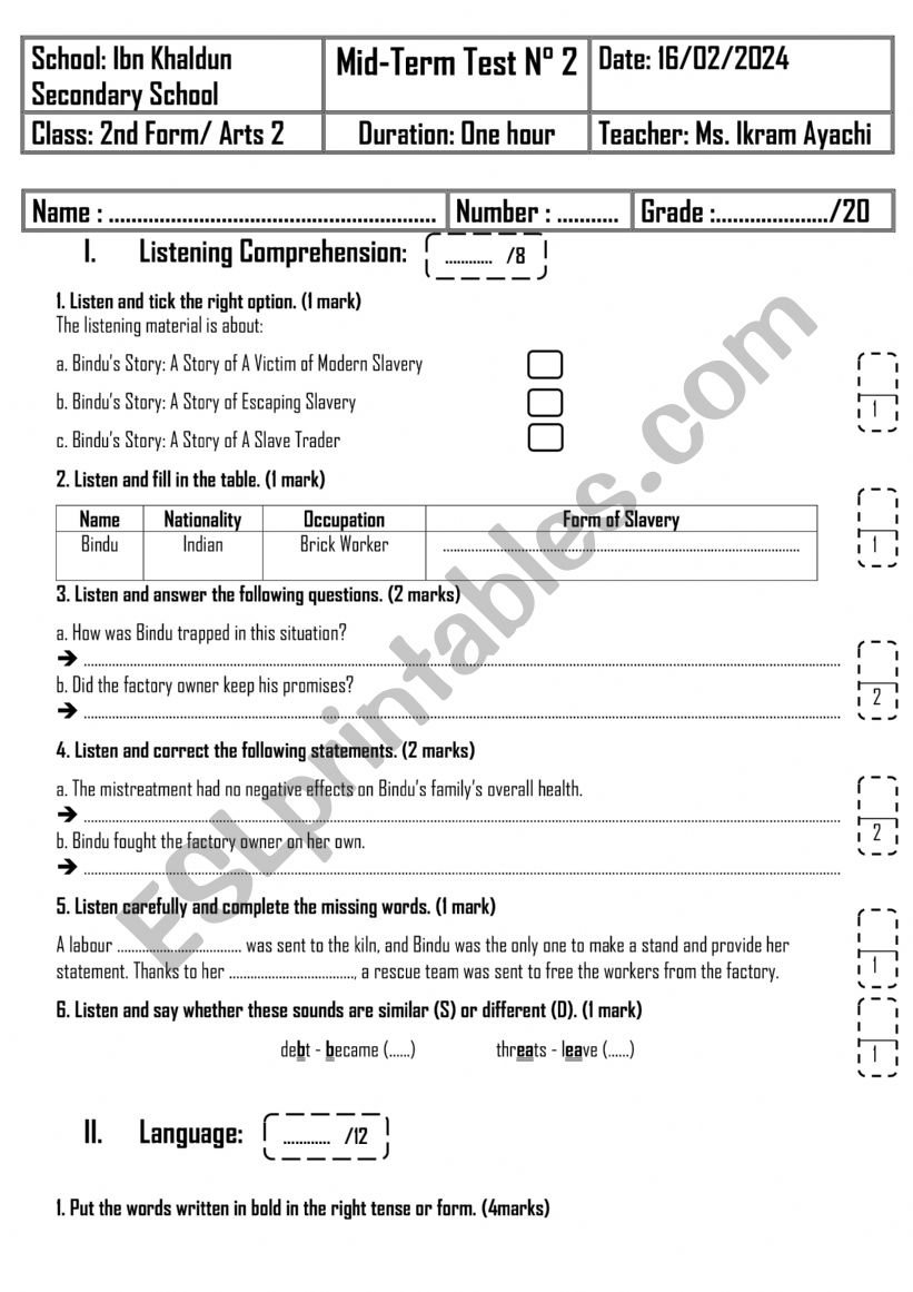 2nd Form - Arts - Mid-Term Test n 2