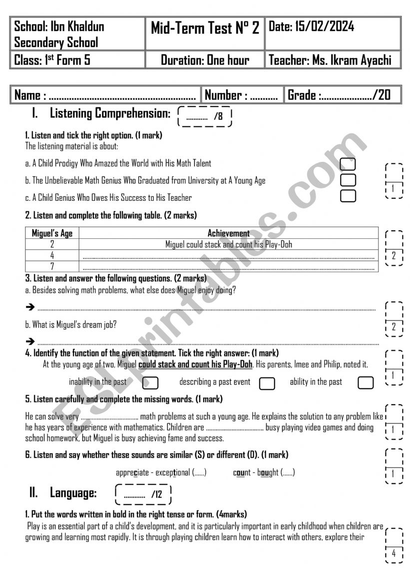 1st Form - Mid-Term Test 2 worksheet