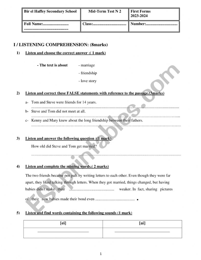 Mid-term test 2 First Secondary