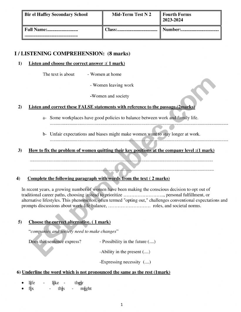 Mid-term test 2 Fourth Forms of Secondary Education