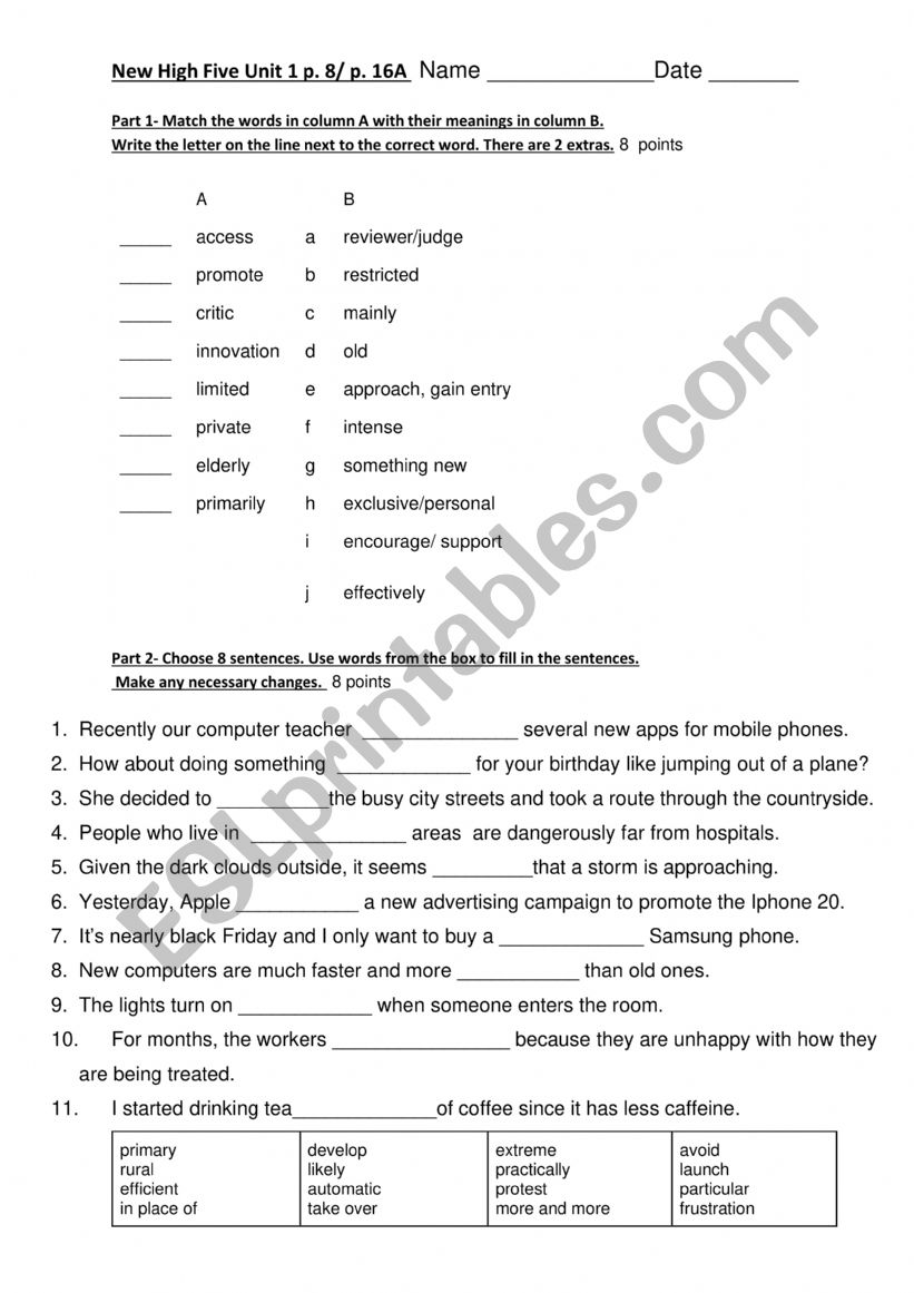 vocabulary quiz worksheet