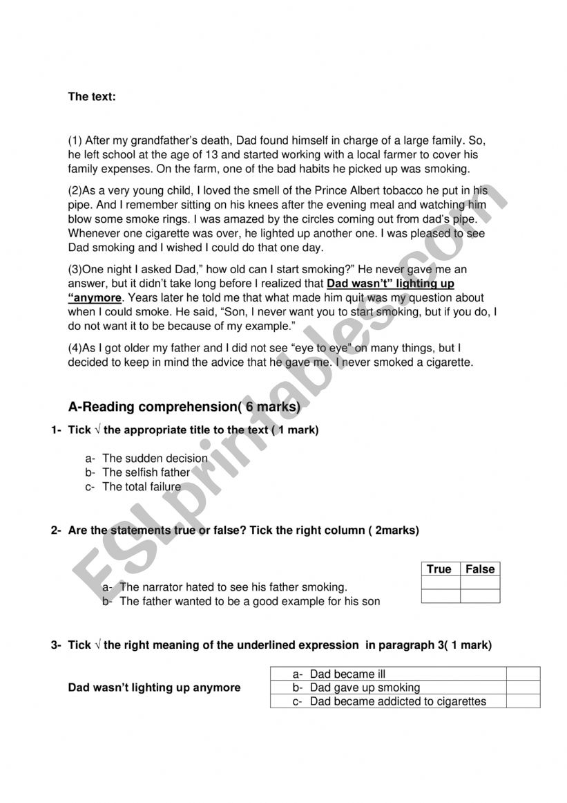 End of test N2 worksheet