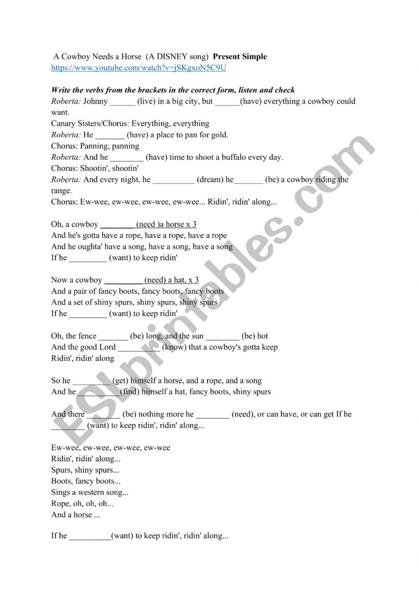 Present Simple (3rd person form) practice with a song. A Cowboy Needs A Horse song