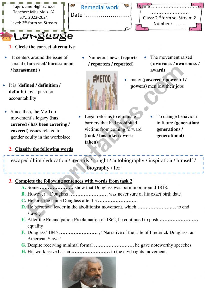 Remedial work 2nd form worksheet