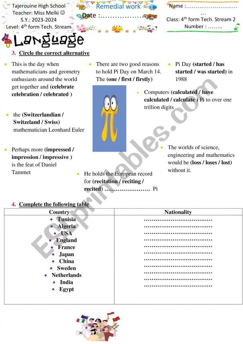 4th form remedial work worksheet