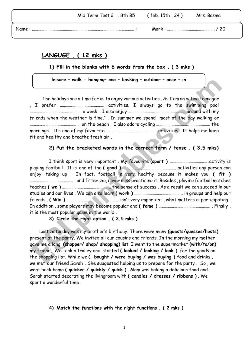 mid term test 2 8th form  worksheet