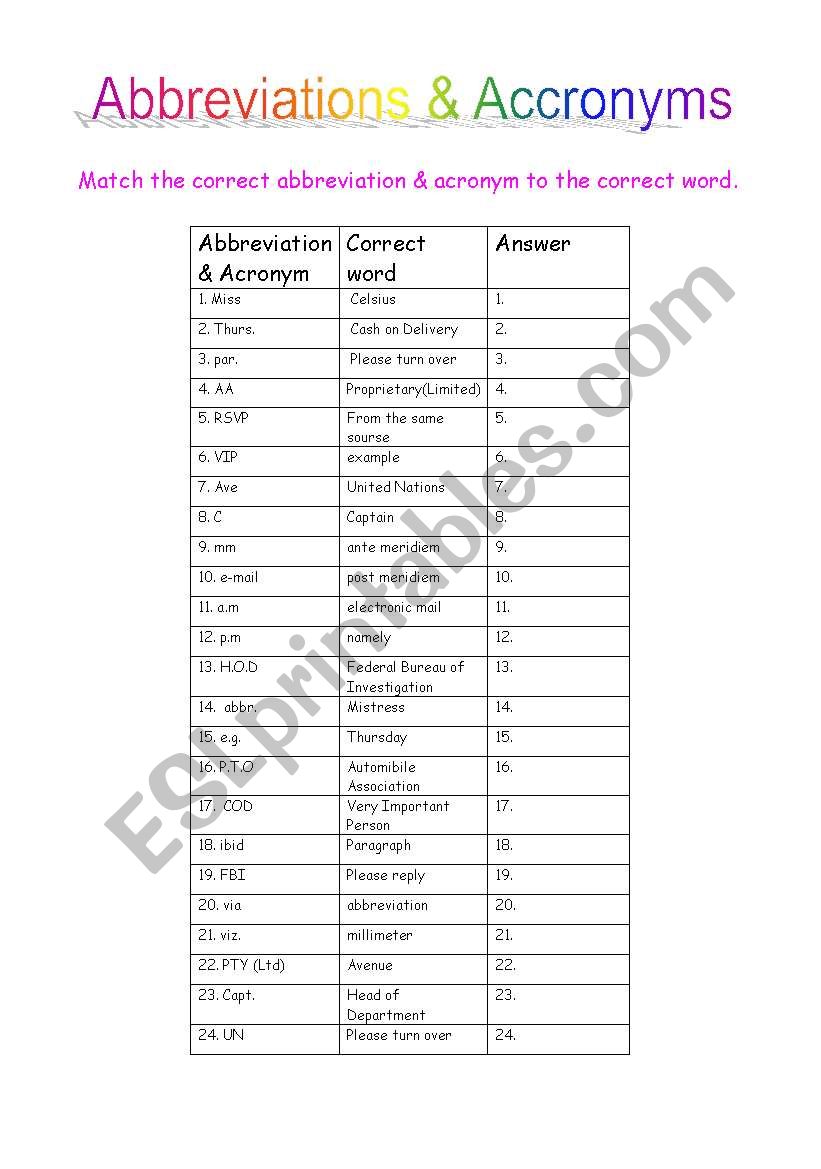 Abbreviations & Accronyms worksheet