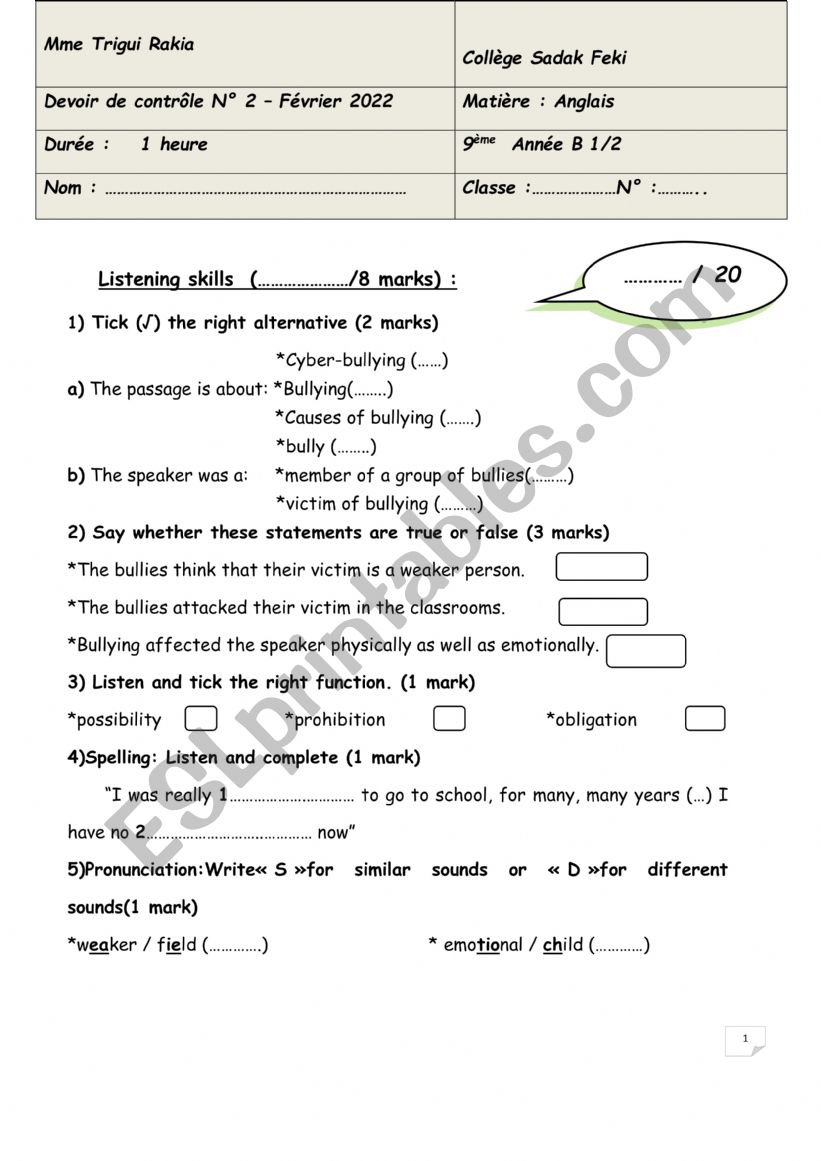 9th form test 1 (term 2) worksheet