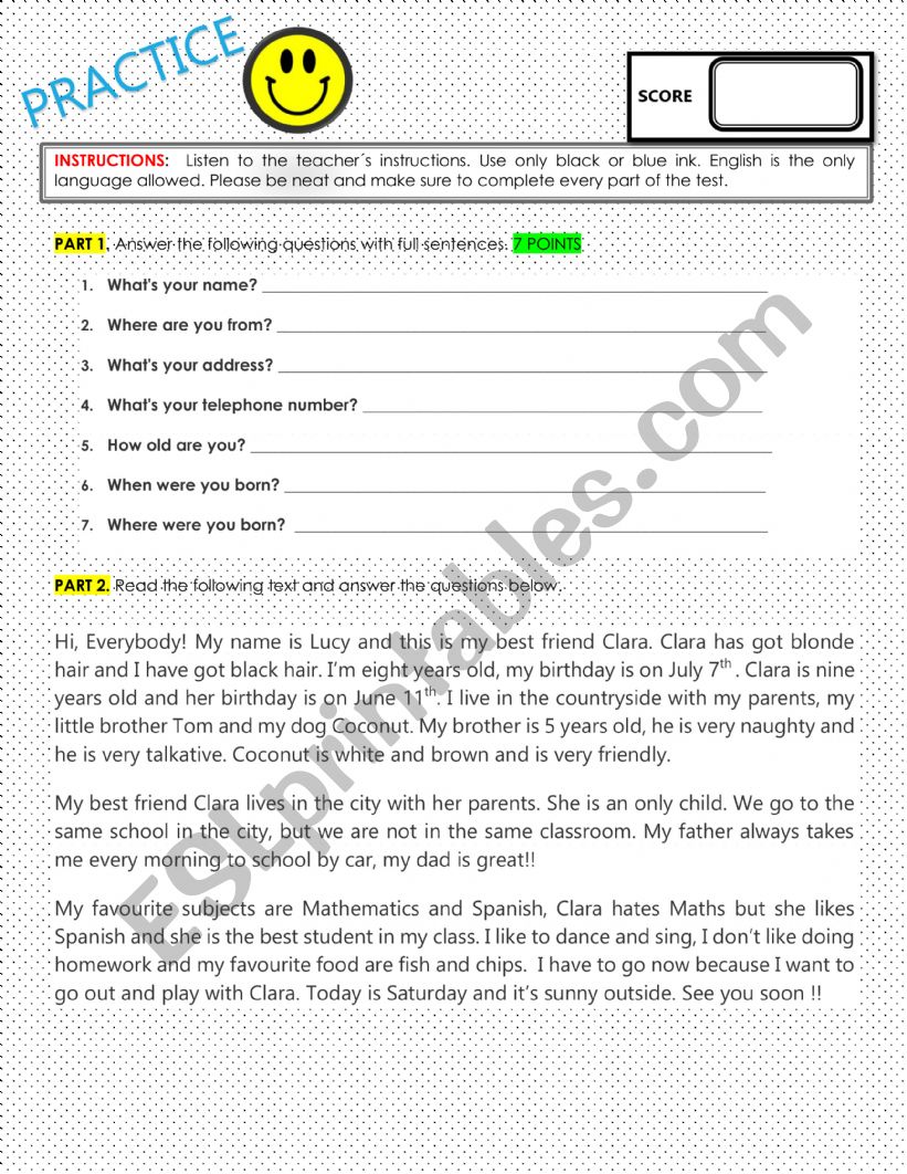 Personal info worksheet