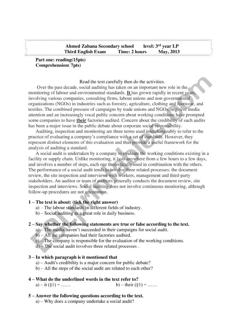 exam about ethics in business worksheet