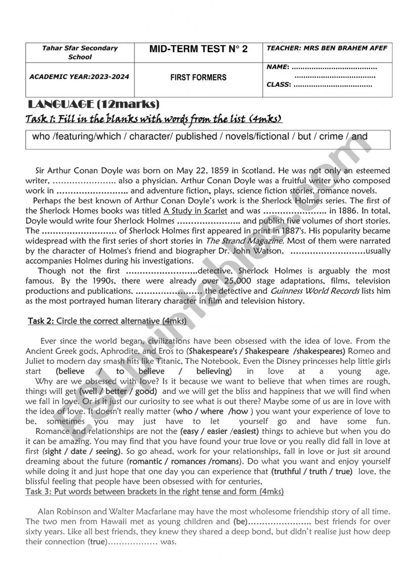 first form mid term test 2 worksheet
