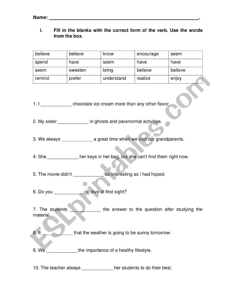Stative Verbs worksheet