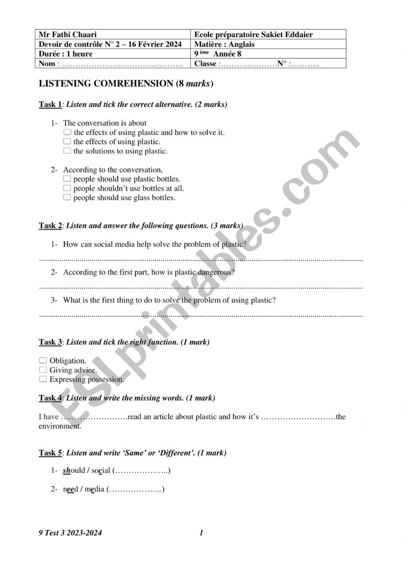 9 Mid Term 2 Test 2023-2024 worksheet