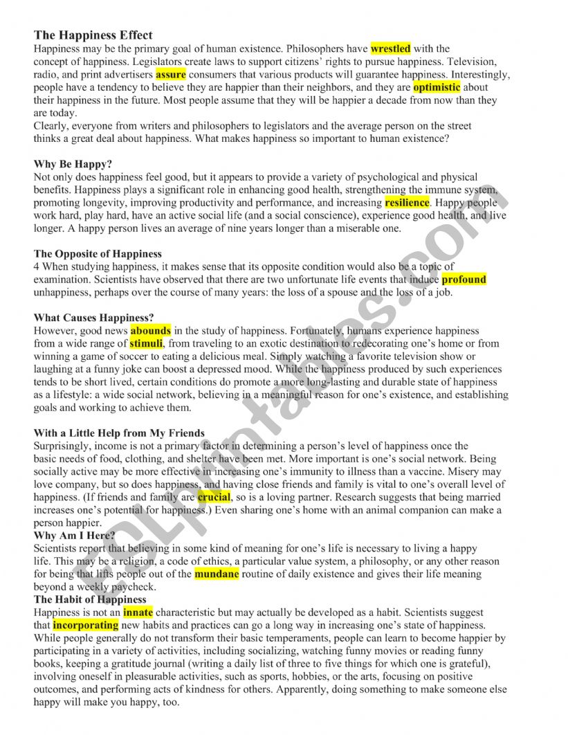 The Happiness Effect worksheet