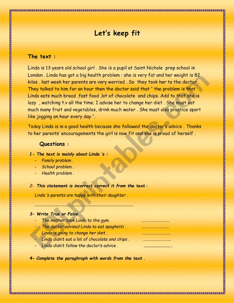 Let�s keep fit. worksheet