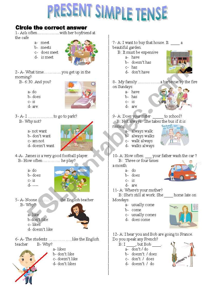  present simple  tense test worksheet