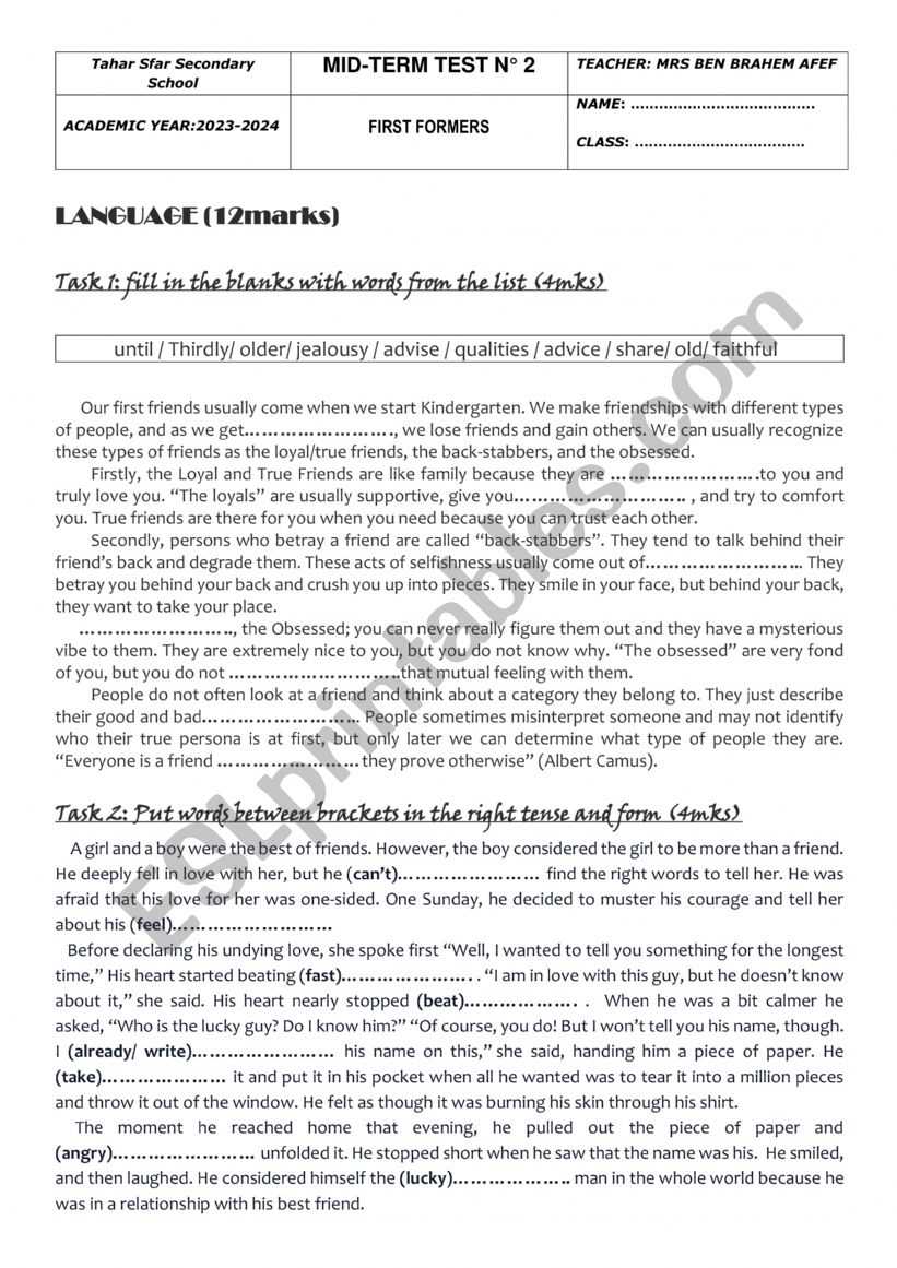 mid term test 2 language part worksheet