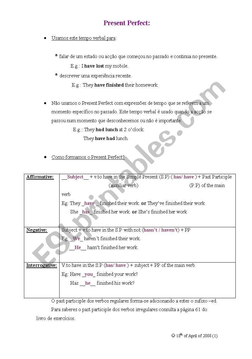 Present Perfect worksheet