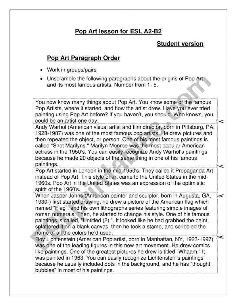 Pop Art Lesson worksheet