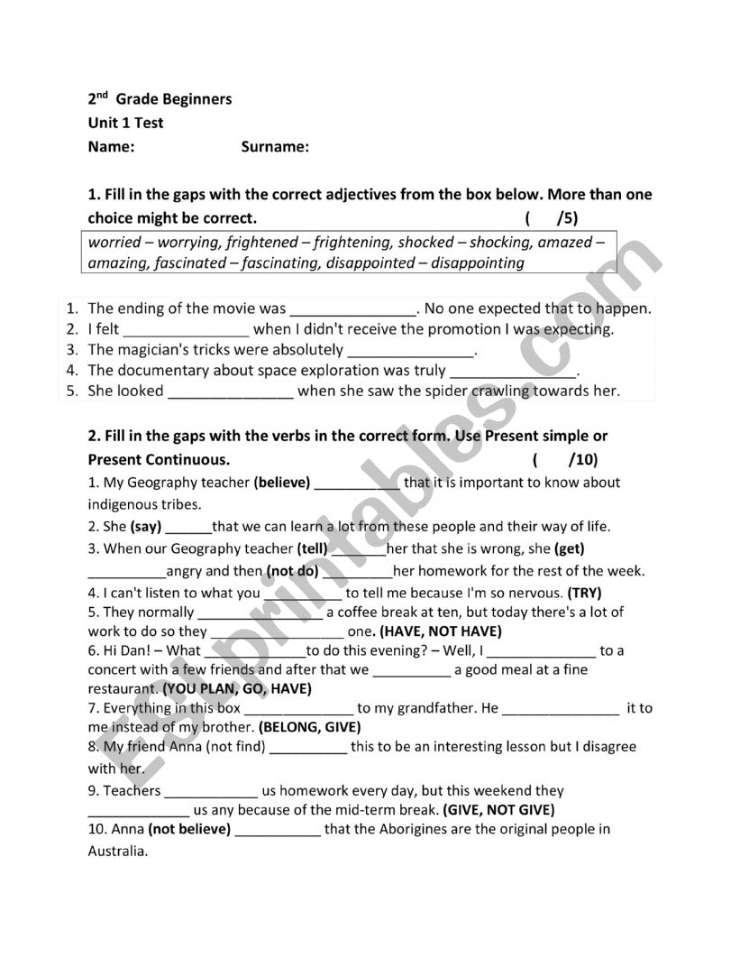 2nd Grade Unit 1 test Junior High School Beginners