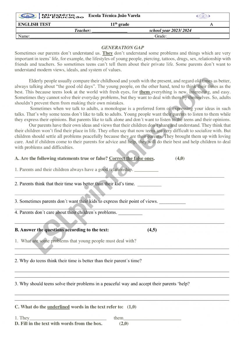 Generation gap worksheet