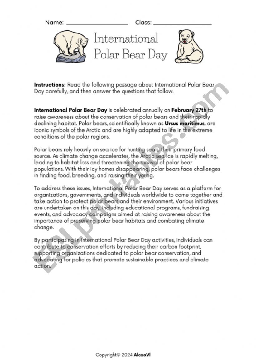 International Polar Bear Day Reading Comprehension