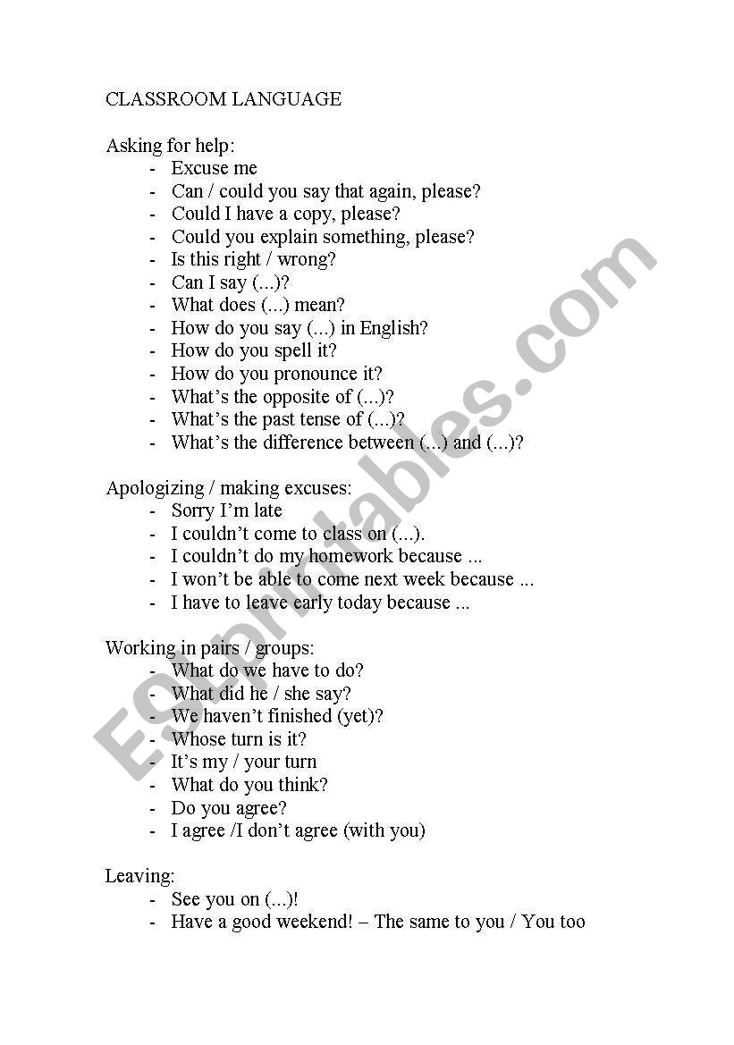 Classroom language worksheet