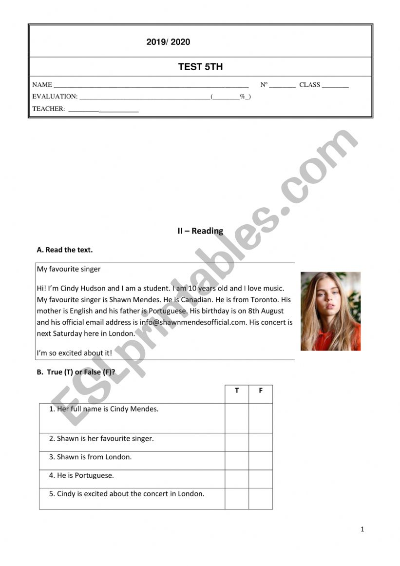 TEST- 5TH FORM worksheet