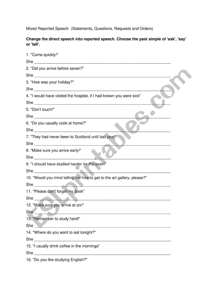 reported speech worksheet