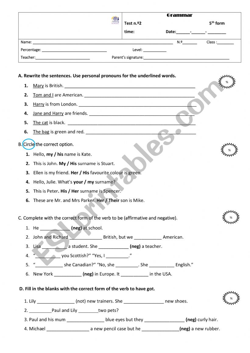 MINI TEST GRAMMAR - 5TH worksheet