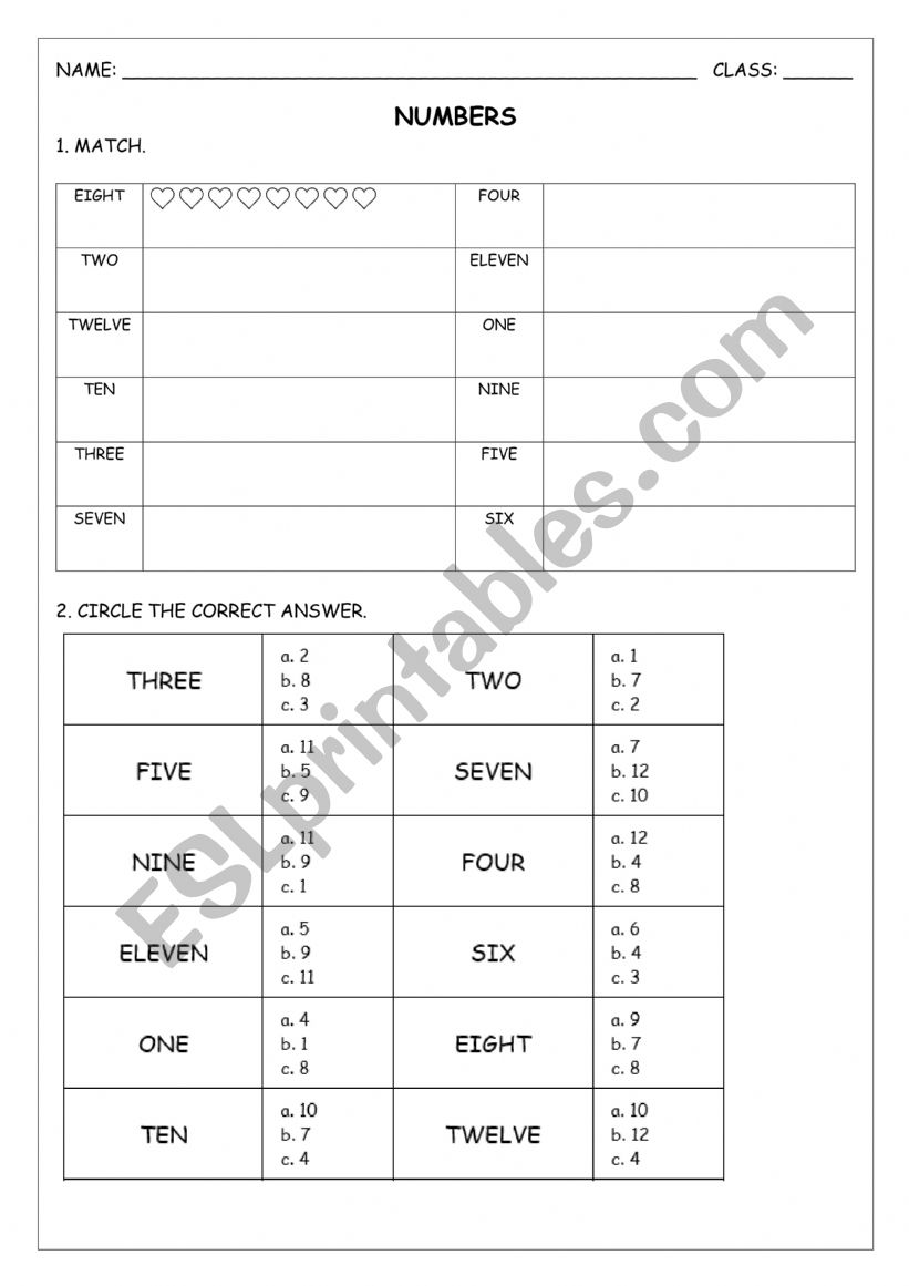 NUMBERS 1 - 12 worksheet