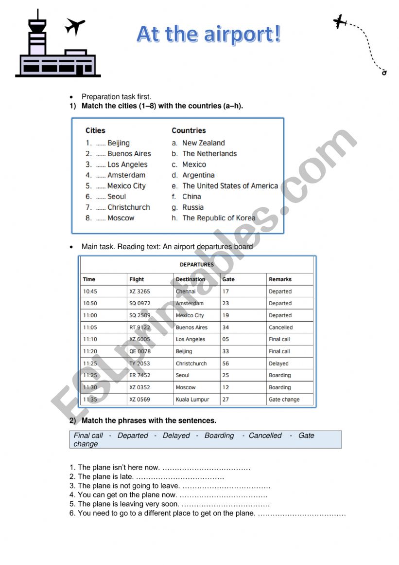 departure board reading comprehension activity