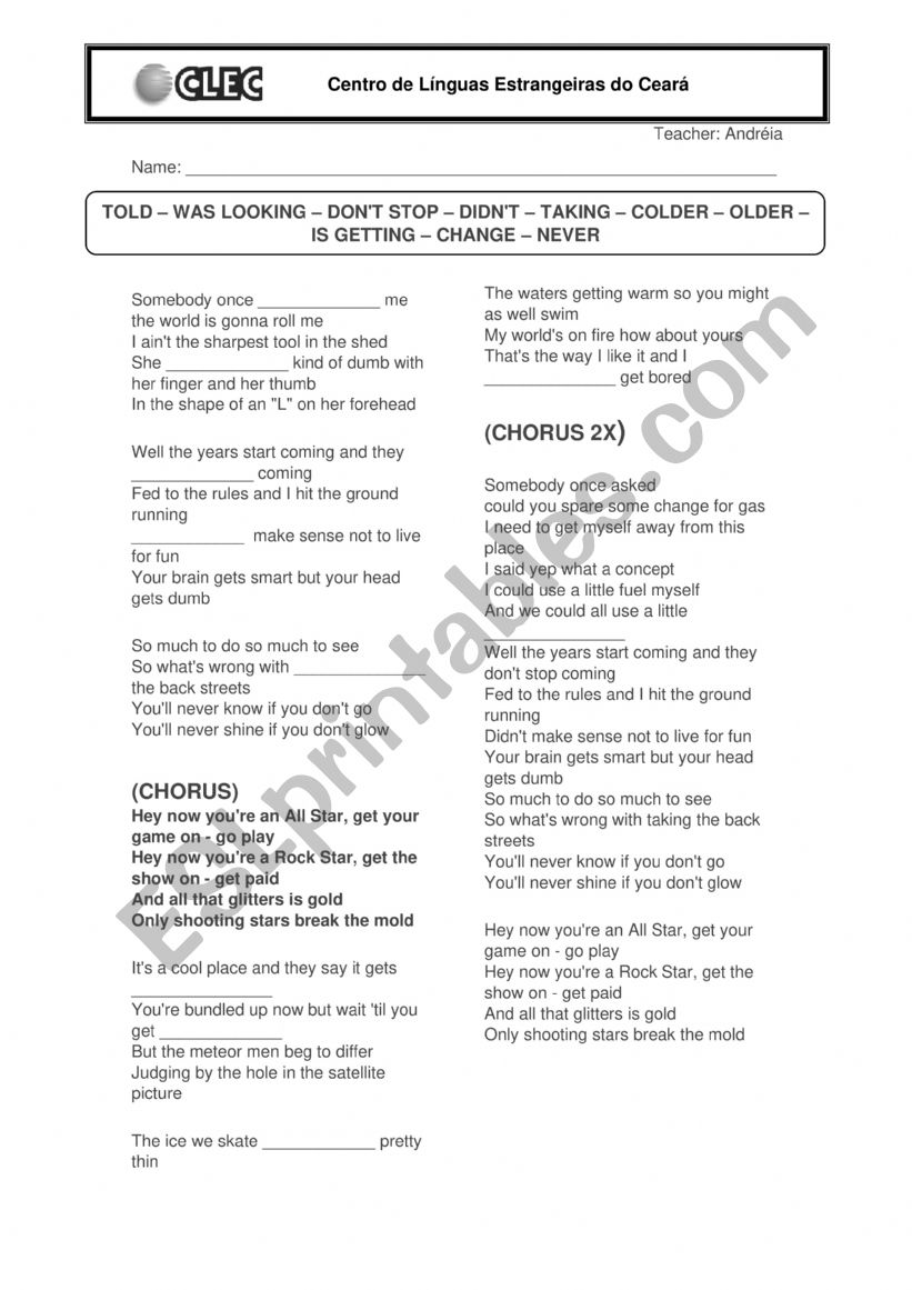 SMASH MOUTH - ALL STAR worksheet