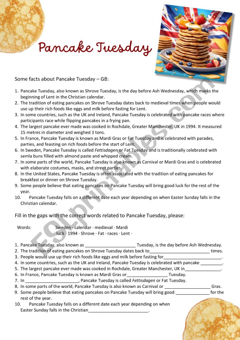 Pancake Tuesday Special Days ESL worksheet by madulein