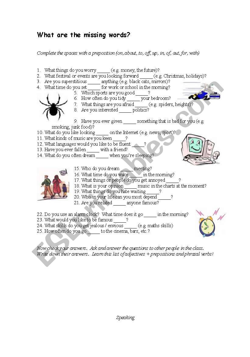 Adjective and prepositions worksheet