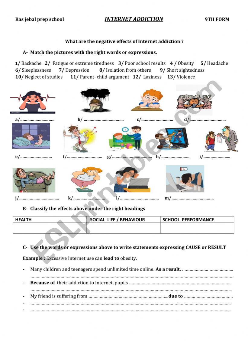 Internet addiction  worksheet