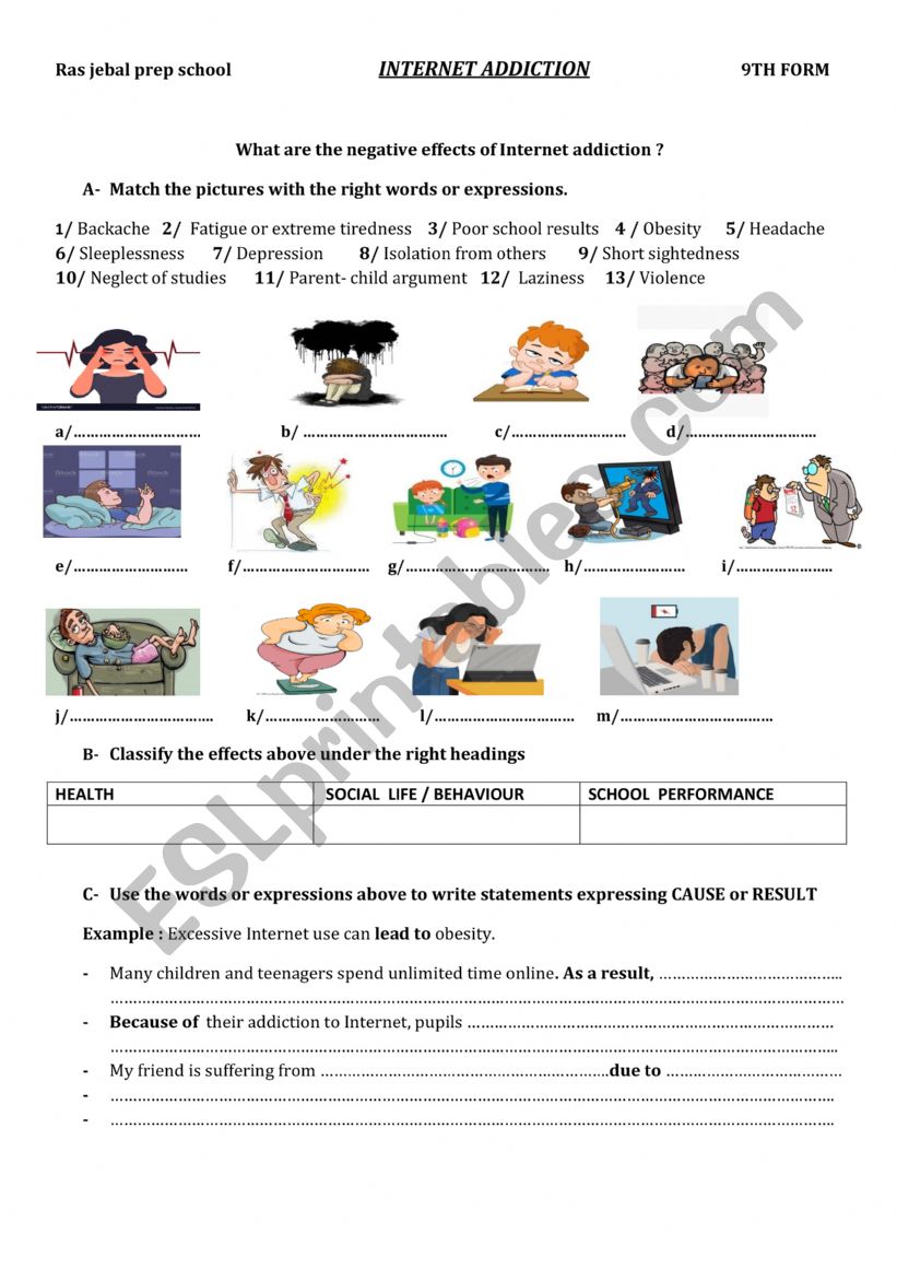 Internet addiction  worksheet