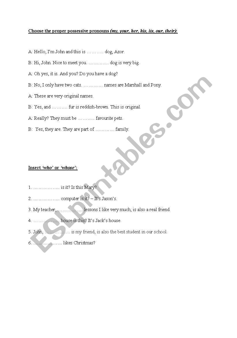 possessives vs. who&whose worksheet