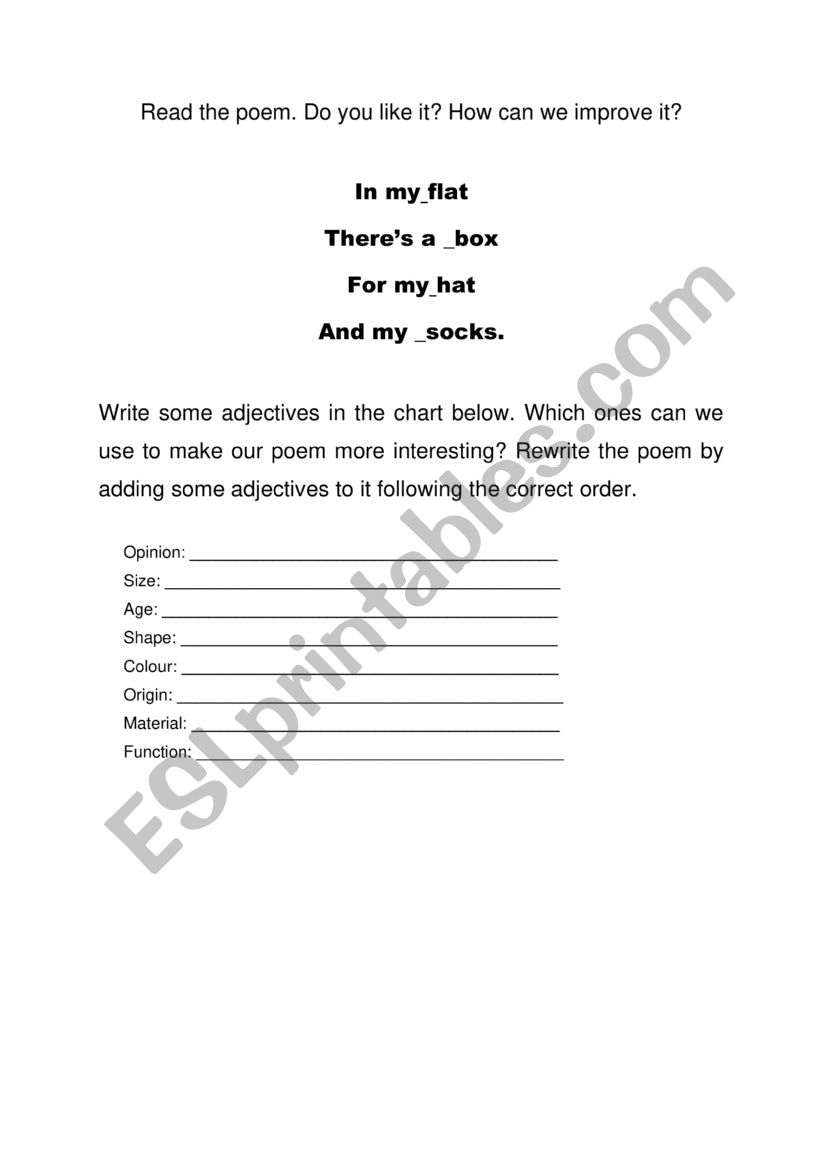 Adjective Order Poem worksheet