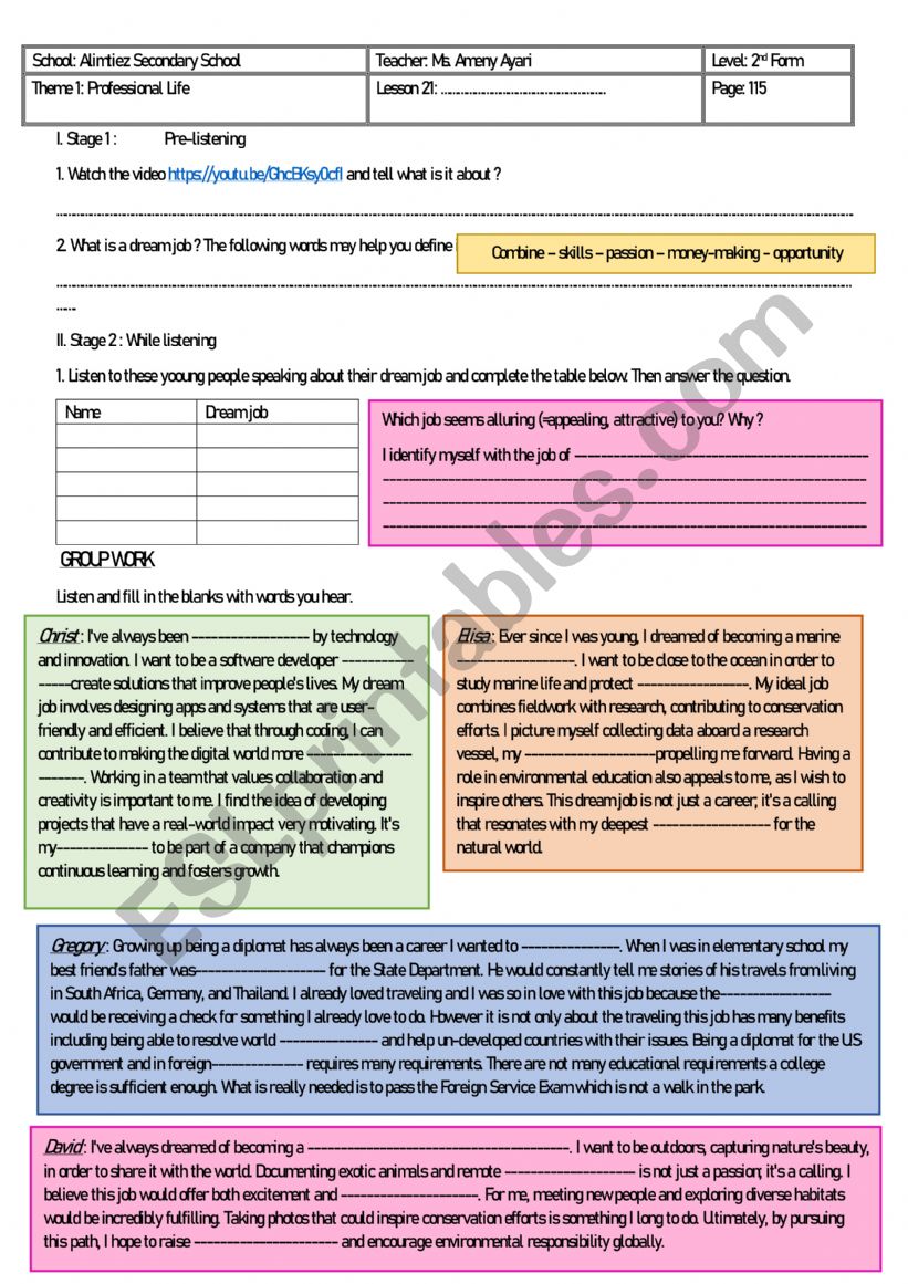 WhatÃ¯Â¿Â½s your dream job? worksheet