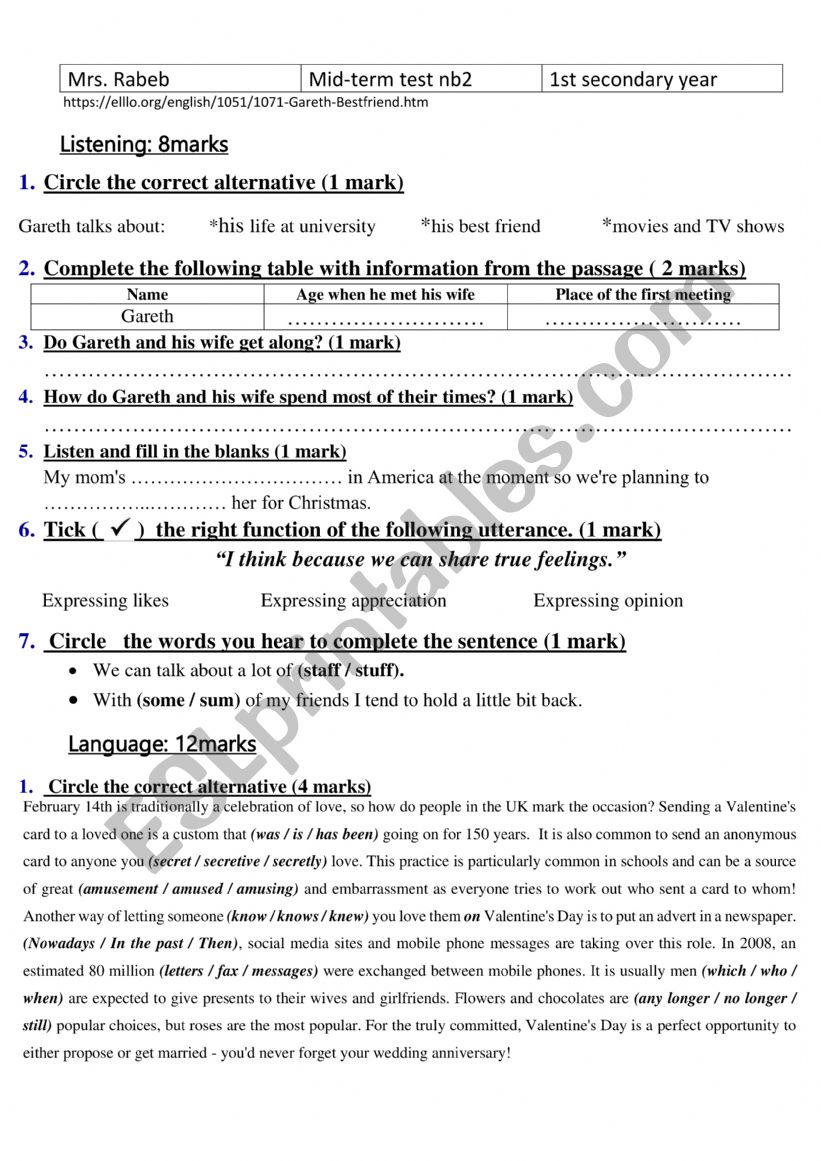 1st year secondary mid term test number2