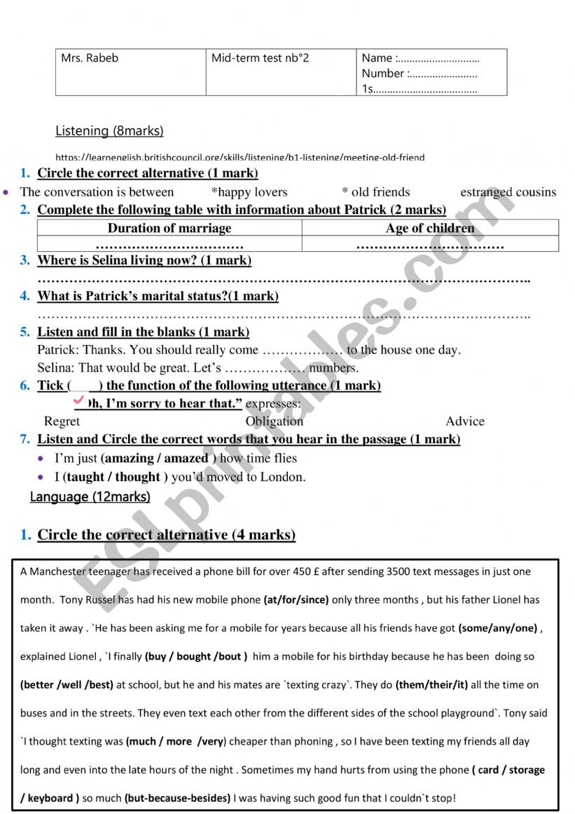 1st secondary mid term2 worksheet