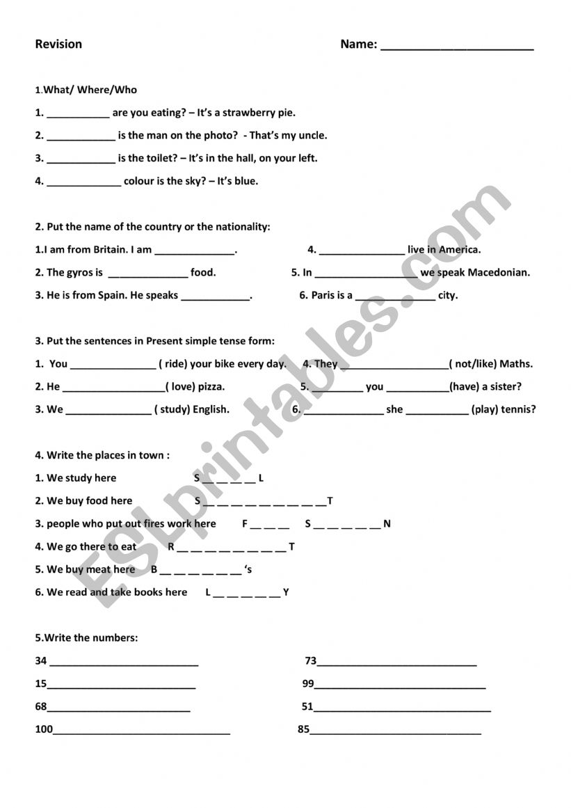 revision about numbers,present simple, question words and places in town
