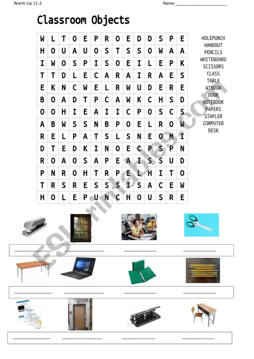 Classroom Objects Wordsearch and Identification