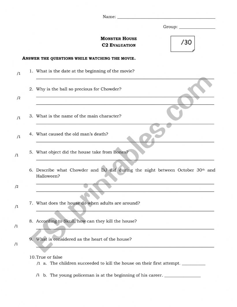 Monster House movie Questions worksheet